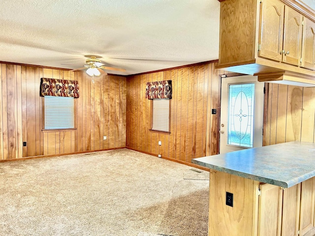 interior space with carpet, a ceiling fan, wood walls, and a textured ceiling