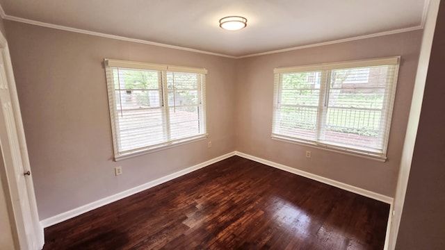spare room with crown molding, baseboards, dark wood-style floors, and a wealth of natural light