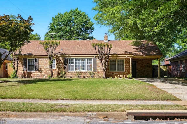 ranch-style house with brick siding, a front lawn, fence, and a chimney