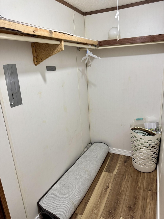 walk in closet featuring wood finished floors and electric panel