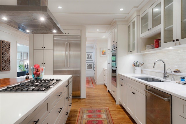 kitchen featuring island range hood, light countertops, a sink, light wood finished floors, and stainless steel appliances