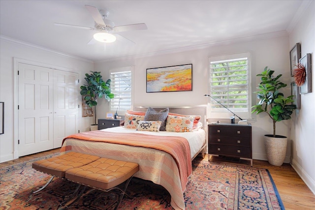 bedroom with baseboards, ornamental molding, multiple windows, and wood finished floors