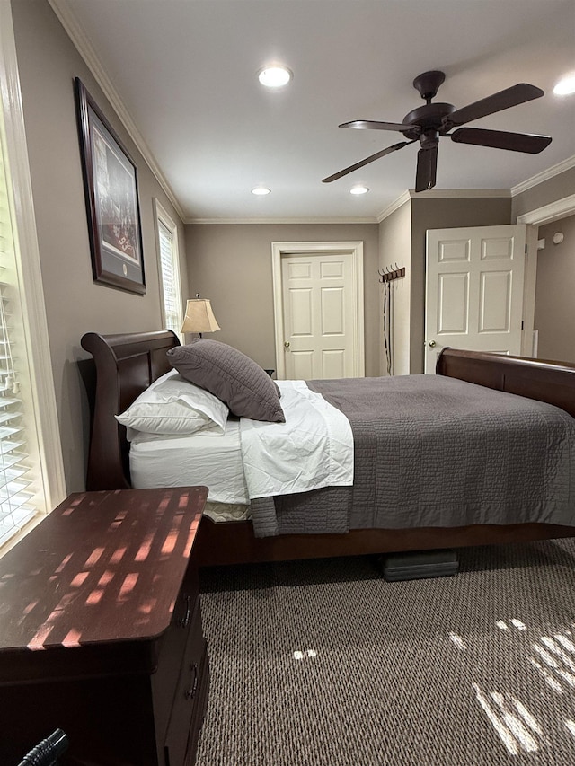 bedroom with recessed lighting, a ceiling fan, ornamental molding, and a closet