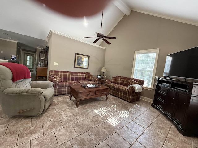 living area featuring crown molding, high vaulted ceiling, beamed ceiling, and a ceiling fan