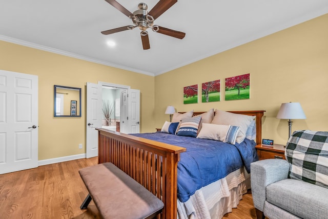 bedroom with crown molding, baseboards, a ceiling fan, and light wood finished floors