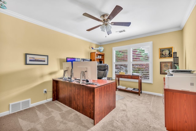 office space with baseboards, light colored carpet, and visible vents