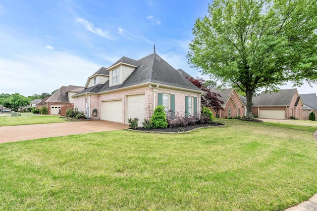 view of front of house with roof with shingles, brick siding, a front lawn, concrete driveway, and an attached garage