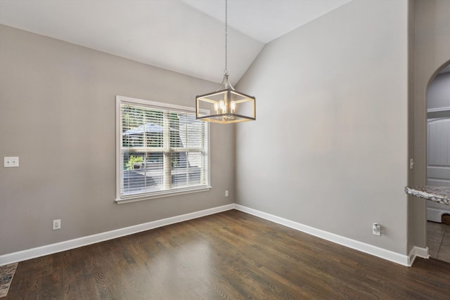 5376 Scarlet Ridge Dr, Arlington, TN 38002 - unfurnished dining area with baseboards, vaulted ceiling, dark wood-style floors, and a notable chandelier