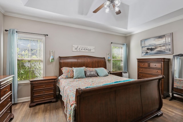 5376 Scarlet Ridge Dr, Arlington, TN 38002 - bedroom featuring a raised ceiling, ornamental molding, dark wood-style floors, and ceiling fan