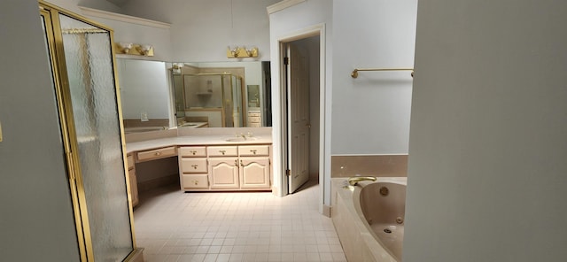full bath with vanity, tile patterned floors, a stall shower, and a tub with jets