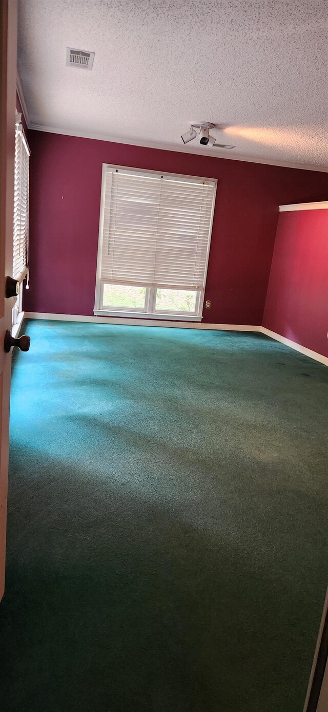 carpeted spare room featuring a textured ceiling, visible vents, and baseboards