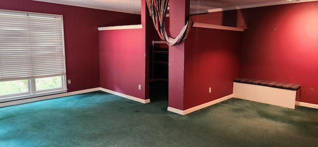 carpeted empty room featuring baseboards, ornamental molding, and a textured ceiling