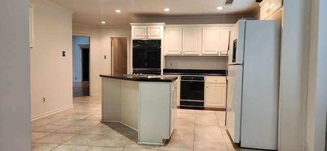 kitchen with crown molding, dark countertops, black appliances, and light tile patterned flooring