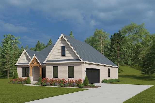 view of front facade featuring concrete driveway, brick siding, a front yard, and a garage