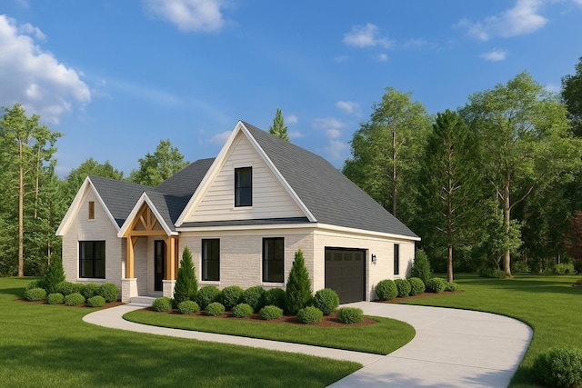 view of front of home featuring concrete driveway, brick siding, a front yard, and a garage