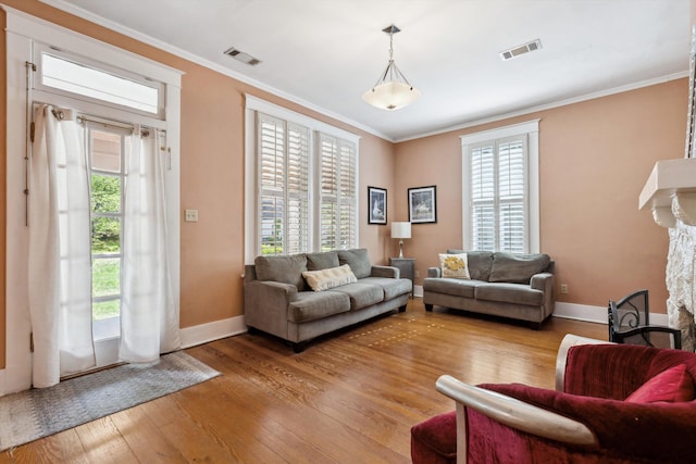living room featuring visible vents, baseboards, and hardwood / wood-style flooring