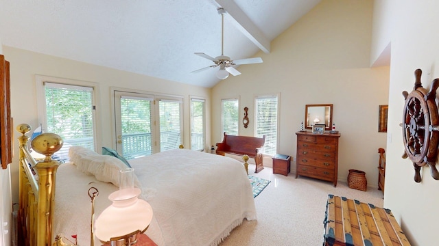 50 Red Oak Pt, Savannah, TN 38372 - bedroom featuring a ceiling fan, access to exterior, vaulted ceiling with beams, and light carpet