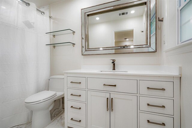 full bathroom with vanity, toilet, a shower with shower curtain, marble finish floor, and visible vents