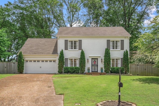 colonial home with an attached garage, fence, driveway, and a front yard