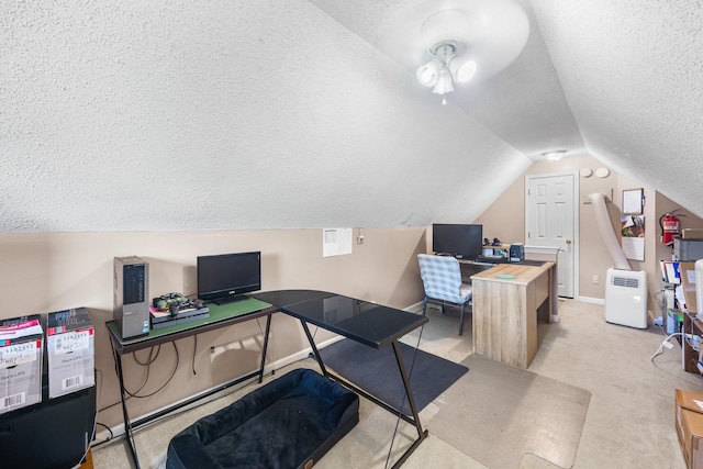6747 Wild Ln, Bartlett, TN 38135 - home office featuring carpet flooring, a textured ceiling, baseboards, and lofted ceiling