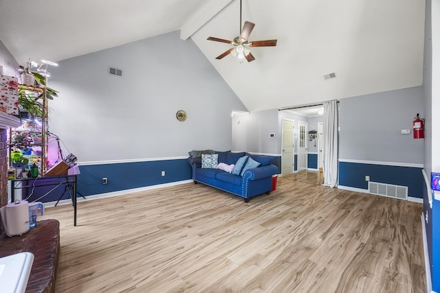 6747 Wild Ln, Bartlett, TN 38135 - living area featuring a ceiling fan, high vaulted ceiling, visible vents, and wood finished floors