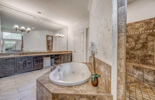 full bath featuring an inviting chandelier, double vanity, marble finish floor, a jetted tub, and visible vents