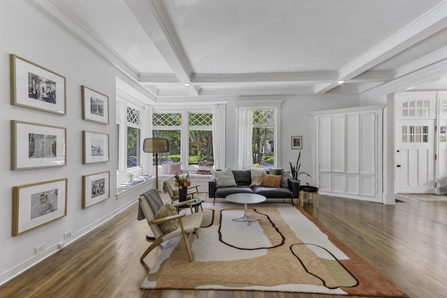 living room featuring beamed ceiling, coffered ceiling, and dark wood-style flooring