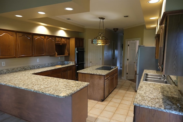 kitchen with a kitchen island, crown molding, a sink, black appliances, and light tile patterned flooring