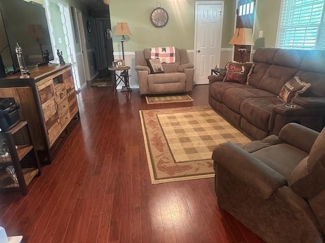 living room featuring dark wood-type flooring