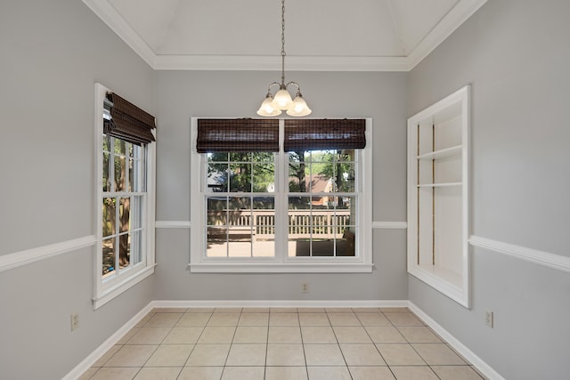 3365 Stone Creek Cv, Collierville, TN 38017 - unfurnished dining area with baseboards, ornamental molding, vaulted ceiling, and a chandelier