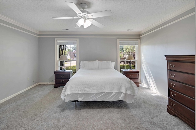 3365 Stone Creek Cv, Collierville, TN 38017 - carpeted bedroom with visible vents, a ceiling fan, a textured ceiling, and ornamental molding