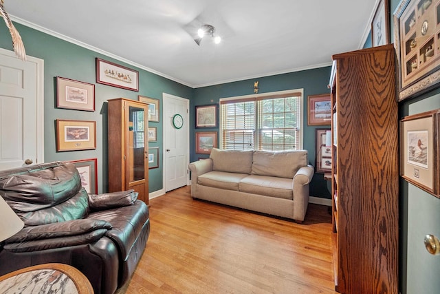 living room with baseboards, ornamental molding, and light wood-style flooring