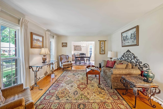 living room with light wood-style floors, crown molding, and a chandelier