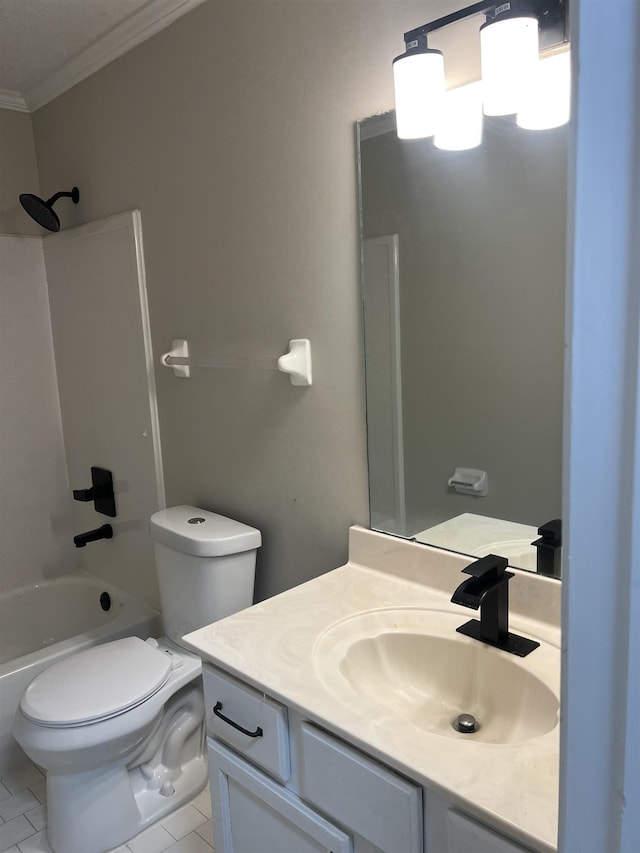 bathroom with crown molding, shower / washtub combination, tile patterned floors, vanity, and toilet