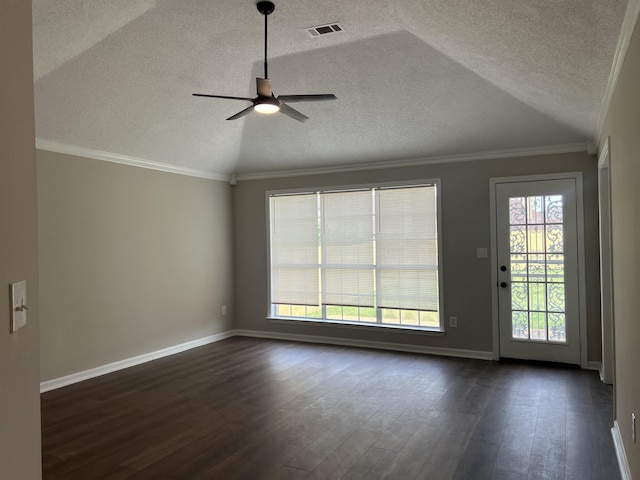 unfurnished room featuring visible vents, a textured ceiling, a ceiling fan, dark wood finished floors, and vaulted ceiling