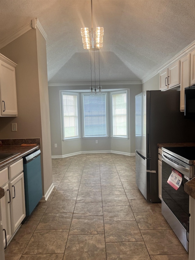 kitchen with crown molding, electric range, dark countertops, dishwashing machine, and a textured ceiling