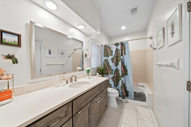full bath with vanity, toilet, recessed lighting, visible vents, and a stall shower