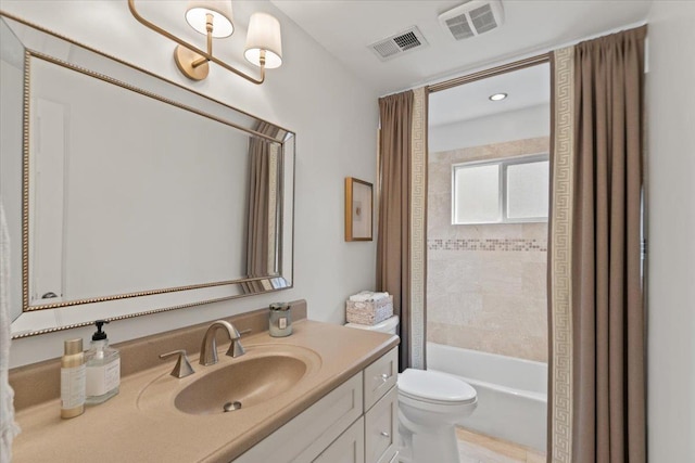 full bath with vanity, shower / bathing tub combination, toilet, and visible vents