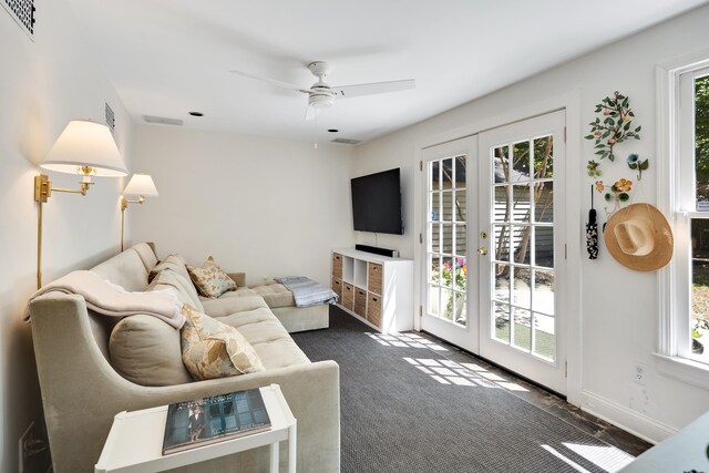 246 Palisade St, Memphis, TN 38111 - carpeted living room with french doors, a ceiling fan, and visible vents