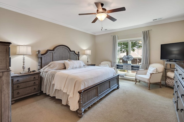 bedroom featuring crown molding, a ceiling fan, visible vents, and light carpet