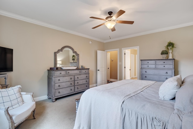 bedroom featuring baseboards, ornamental molding, light carpet, and a ceiling fan
