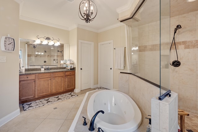 full bath featuring a notable chandelier, vanity, a whirlpool tub, ornamental molding, and tiled shower