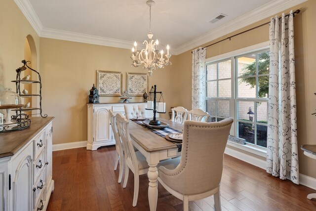 dining area with an inviting chandelier, baseboards, dark wood-style floors, and visible vents