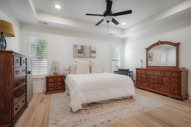 5082 Moudry Run Cv, Lakeland, TN 38002 - bedroom with visible vents, a tray ceiling, multiple windows, and light wood-type flooring