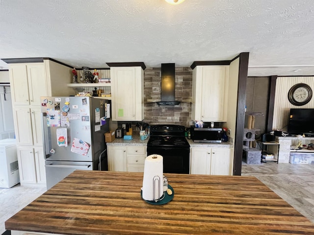 325 Geans Ln, Savannah, TN 38372 - kitchen featuring appliances with stainless steel finishes, white cabinets, wooden counters, and wall chimney exhaust hood