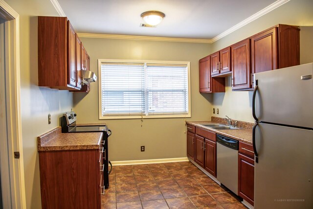 kitchen featuring crown molding, dark brown cabinets, a sink, appliances with stainless steel finishes, and exhaust hood