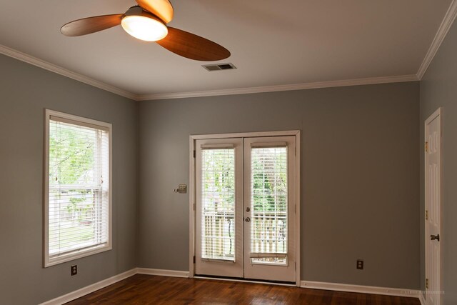 doorway with visible vents, plenty of natural light, french doors, and ceiling fan