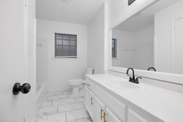 bathroom with shower / bath combination, vanity, baseboards, toilet, and marble finish floor