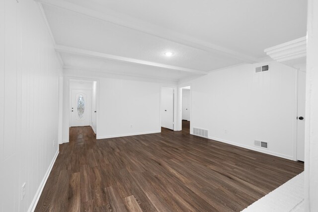 unfurnished living room with beamed ceiling, visible vents, and dark wood-style floors