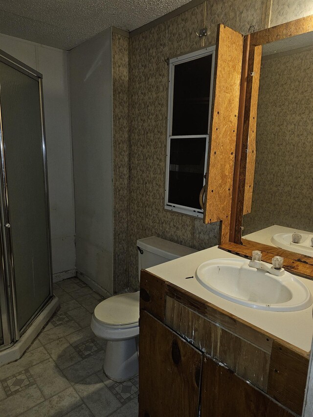 3845 Forked Deer Rd, Gates, TN 38037 - bathroom with vanity, a shower stall, toilet, and a textured ceiling